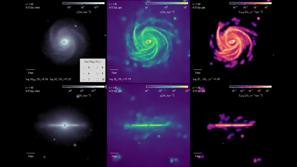 Multi-panel rendering of a galaxy's cosmic evolution